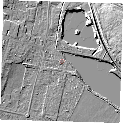Shaded relief map of the ground around CB13PA, computed from Environment Agency LiDAR. The ground here sits at about 8 m above sea level and falls 13 m across the surrounding 800 m. Surface water reaching this point runs off ground lying to the south-east, 2.0 m higher.