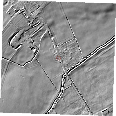 Shaded relief map of the ground around CB19AJ, computed from Environment Agency LiDAR. The ground here sits at about 9 m above sea level and falls 6 m across the surrounding 800 m. Surface water reaching this point runs off ground lying to the north, 1.0 m higher.