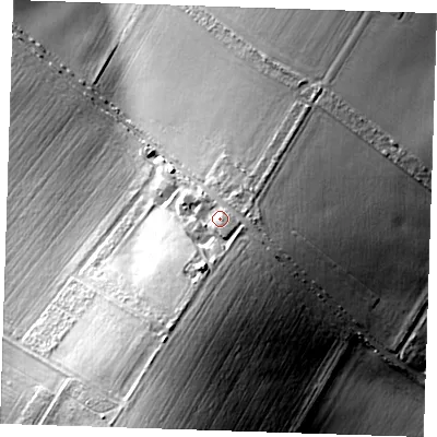 Shaded relief map of the ground around CB214HE, computed from Environment Agency LiDAR. The ground here sits at about 68 m above sea level and falls 35 m across the surrounding 800 m. Surface water reaching this point runs off ground lying to the south-south-west, 14.6 m higher.