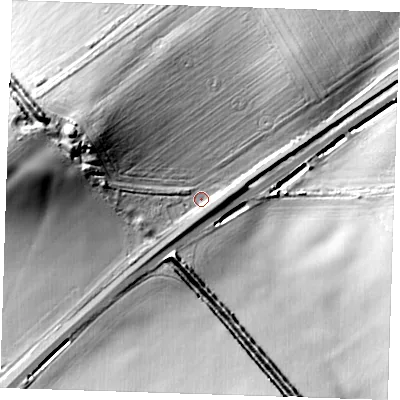 Shaded relief map of the ground around CB214HQ, computed from Environment Agency LiDAR. The ground here sits at about 35 m above sea level and falls 24 m across the surrounding 800 m. Surface water reaching this point runs off ground lying to the west-north-west, 16.9 m higher.