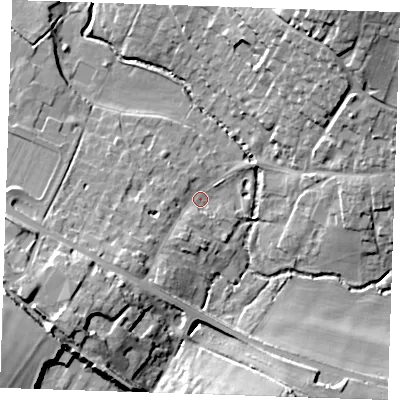Shaded relief map of the ground around CB214HS, computed from Environment Agency LiDAR. The ground here sits at about 39 m above sea level and falls 25 m across the surrounding 800 m. Surface water reaching this point runs off ground lying to the south-west, 16.4 m higher.