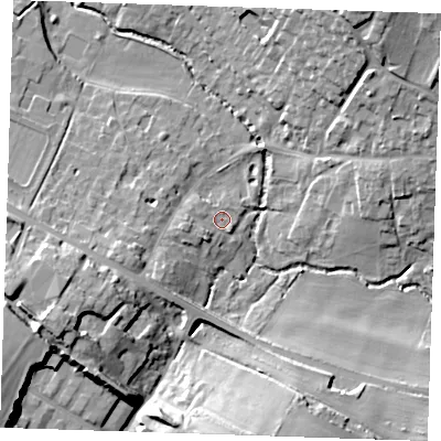 Shaded relief map of the ground around CB214HT, computed from Environment Agency LiDAR. The ground here sits at about 40 m above sea level and falls 24 m across the surrounding 800 m. Surface water reaching this point runs off ground lying to the west-south-west, 3.7 m higher.