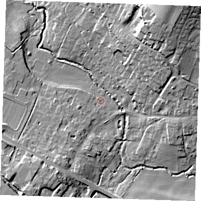 Shaded relief map of the ground around CB214HX, computed from Environment Agency LiDAR. The ground here sits at about 38 m above sea level and falls 27 m across the surrounding 800 m. Surface water reaching this point runs off ground lying to the south-south-west, 8.7 m higher.