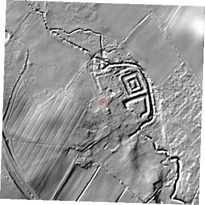 Shaded relief map of the ground around CB214JD, computed from Environment Agency LiDAR. The ground here sits at about 38 m above sea level and falls 26 m across the surrounding 800 m. Surface water reaching this point runs off ground lying to the south-west, 3.8 m higher.