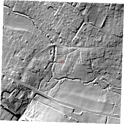 Shaded relief map of the ground around CB214JX, computed from Environment Agency LiDAR. The ground here sits at about 38 m above sea level and falls 21 m across the surrounding 800 m. Surface water reaching this point runs off ground lying to the south, 15.5 m higher.