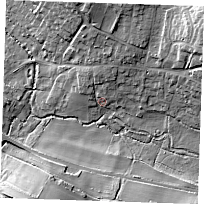 Shaded relief map of the ground around CB214JY, computed from Environment Agency LiDAR. The ground here sits at about 41 m above sea level and falls 21 m across the surrounding 800 m. Surface water reaching this point runs off ground lying to the north-north-east, 6.6 m higher.