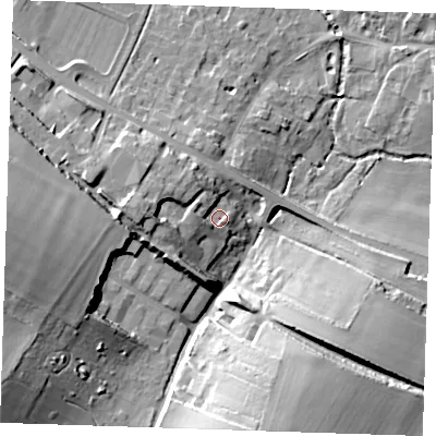 Shaded relief map of the ground around CB214NR, computed from Environment Agency LiDAR. The ground here sits at about 45 m above sea level and falls 26 m across the surrounding 800 m. Surface water reaching this point runs off ground lying to the north-west, 4.7 m higher.