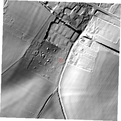Shaded relief map of the ground around CB214NT, computed from Environment Agency LiDAR. The ground here sits at about 46 m above sea level and falls 32 m across the surrounding 800 m. Surface water reaching this point runs off ground lying to the south-west, 22.6 m higher.