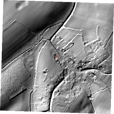 Shaded relief map of the ground around CB214NU, computed from Environment Agency LiDAR. The ground here sits at about 65 m above sea level and falls 36 m across the surrounding 800 m. Surface water reaching this point runs off ground lying to the south-west, 10.7 m higher.