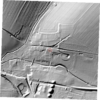 Shaded relief map of the ground around CB214PP, computed from Environment Agency LiDAR. The ground here sits at about 56 m above sea level and falls 29 m across the surrounding 800 m. Surface water reaching this point runs off ground lying to the north-east, 15.4 m higher.