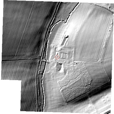 Shaded relief map of the ground around CB214PT, computed from Environment Agency LiDAR. The ground here sits at about 68 m above sea level and falls 29 m across the surrounding 800 m. Surface water reaching this point runs off ground lying to the east, 21.4 m higher.