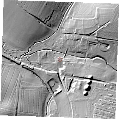 Shaded relief map of the ground around CB214PW, computed from Environment Agency LiDAR. The ground here sits at about 50 m above sea level and falls 27 m across the surrounding 800 m. Surface water reaching this point runs off ground lying to the north-east, 1.3 m higher.