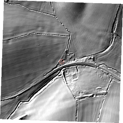 Shaded relief map of the ground around CB214RG, computed from Environment Agency LiDAR. The ground here sits at about 86 m above sea level and falls 24 m across the surrounding 800 m. Surface water reaching this point runs off ground lying to the west-north-west, 16.6 m higher.