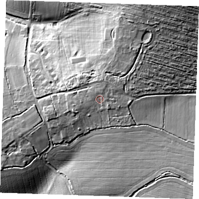 Shaded relief map of the ground around CB214RH, computed from Environment Agency LiDAR. The ground here sits at about 114 m above sea level and falls 24 m across the surrounding 800 m. Surface water reaching this point runs off ground lying to the south-east, 1.2 m higher.