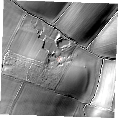 Shaded relief map of the ground around CB214RR, computed from Environment Agency LiDAR. The ground here sits at about 79 m above sea level and falls 27 m across the surrounding 800 m. Surface water reaching this point runs off ground lying to the south-west, 20.8 m higher.