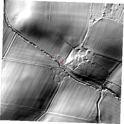 Shaded relief map of the ground around CB214TP, computed from Environment Agency LiDAR. The ground here sits at about 83 m above sea level and falls 34 m across the surrounding 800 m. Surface water reaching this point runs off ground lying to the east-north-east, 26.6 m higher.