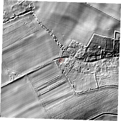 Shaded relief map of the ground around CB215LG, computed from Environment Agency LiDAR. The ground here sits at about 13 m above sea level and falls 9 m across the surrounding 800 m. Surface water reaching this point runs off ground lying to the east-north-east, 7.1 m higher.