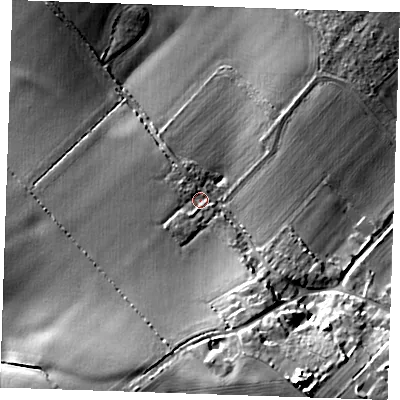 Shaded relief map of the ground around CB215NE, computed from Environment Agency LiDAR. The ground here sits at about 104 m above sea level and falls 32 m across the surrounding 800 m. Surface water reaching this point runs off ground lying to the south-south-west, 9.1 m higher.