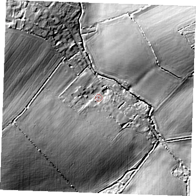 Shaded relief map of the ground around CB215NS, computed from Environment Agency LiDAR. The ground here sits at about 99 m above sea level and falls 16 m across the surrounding 800 m. Surface water reaching this point runs off ground lying to the south-west, 10.1 m higher.