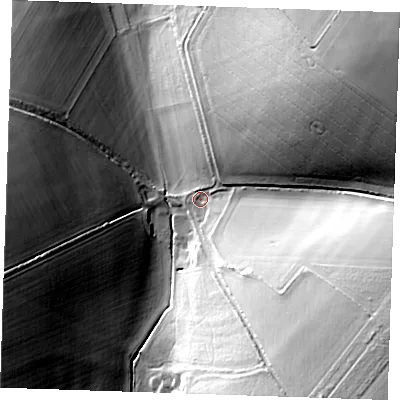 Shaded relief map of the ground around CB215PF, computed from Environment Agency LiDAR. The ground here sits at about 55 m above sea level and falls 37 m across the surrounding 800 m. Surface water reaching this point runs off ground lying to the south-east, 30.4 m higher.