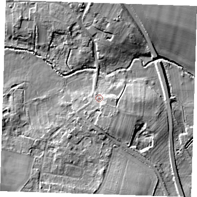 Shaded relief map of the ground around CB216AB, computed from Environment Agency LiDAR. The ground here sits at about 32 m above sea level and falls 16 m across the surrounding 800 m. Surface water reaching this point runs off ground lying to the south-east, 3.6 m higher.