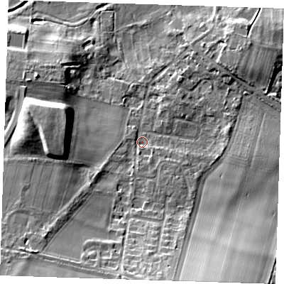 Shaded relief map of the ground around CB216AE, computed from Environment Agency LiDAR. The ground here sits at about 32 m above sea level and falls 17 m across the surrounding 800 m. Surface water reaching this point runs off ground lying to the south, 11.6 m higher.