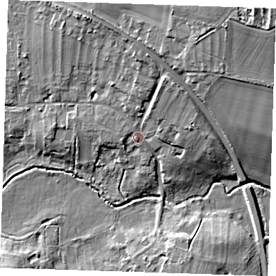 Shaded relief map of the ground around CB216BG, computed from Environment Agency LiDAR. The ground here sits at about 33 m above sea level and falls 32 m across the surrounding 800 m. Surface water reaching this point runs off ground lying to the north-east, 17.0 m higher.