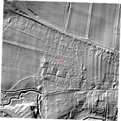 Shaded relief map of the ground around CB216BJ, computed from Environment Agency LiDAR. The ground here sits at about 32 m above sea level and falls 19 m across the surrounding 800 m. Surface water reaching this point runs off ground lying to the east, 3.0 m higher.