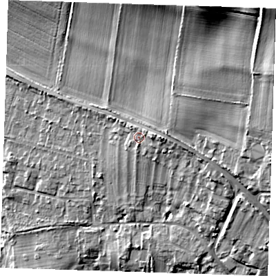 Shaded relief map of the ground around CB216BL, computed from Environment Agency LiDAR. The ground here sits at about 36 m above sea level and falls 41 m across the surrounding 800 m. Surface water reaching this point runs off ground lying to the east, 2.2 m higher.