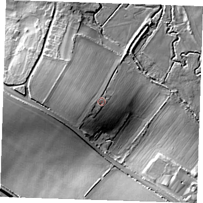 Shaded relief map of the ground around CB216BS, computed from Environment Agency LiDAR. The ground here sits at about 44 m above sea level and falls 21 m across the surrounding 800 m. Surface water reaching this point runs off ground lying to the west-south-west, 2.2 m higher.