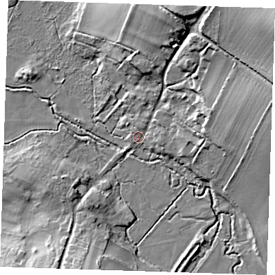 Shaded relief map of the ground around CB216BU, computed from Environment Agency LiDAR. The ground here sits at about 31 m above sea level and falls 26 m across the surrounding 800 m. Surface water reaching this point runs off ground lying to the north-east, 24.0 m higher.
