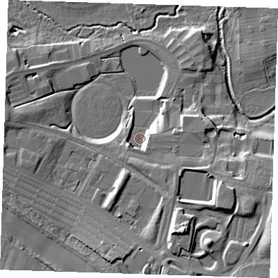 Shaded relief map of the ground around CB216GP, computed from Environment Agency LiDAR. The ground here sits at about 30 m above sea level and falls 16 m across the surrounding 800 m. Surface water reaching this point runs off ground lying to the east, 4.8 m higher.