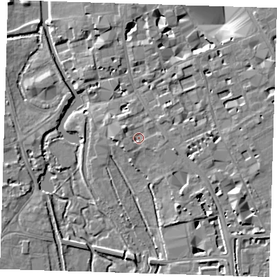 Shaded relief map of the ground around CB21RD, computed from Environment Agency LiDAR. The ground here sits at about 10 m above sea level and falls 8 m across the surrounding 800 m. Surface water reaching this point runs off ground lying to the north-west, 2.1 m higher.