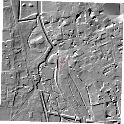 Shaded relief map of the ground around CB21RS, computed from Environment Agency LiDAR. The ground here sits at about 8 m above sea level and falls 7 m across the surrounding 800 m. Surface water reaching this point runs off ground lying to the east, 3.0 m higher.