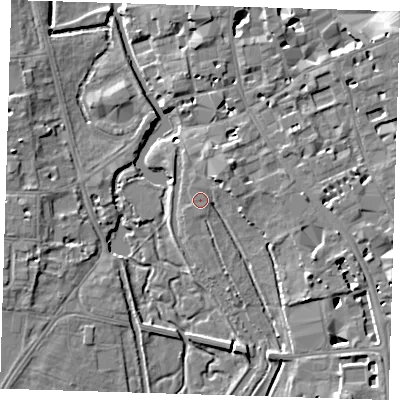 Shaded relief map of the ground around CB21RT, computed from Environment Agency LiDAR. The ground here sits at about 8 m above sea level and falls 8 m across the surrounding 800 m. Surface water reaching this point runs off ground lying to the north-east, 2.6 m higher.