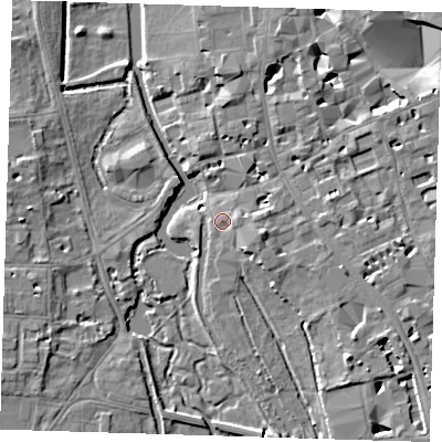 Shaded relief map of the ground around CB21RU, computed from Environment Agency LiDAR. The ground here sits at about 8 m above sea level and falls 7 m across the surrounding 800 m. Surface water reaching this point runs off ground lying to the east-south-east, 2.7 m higher.