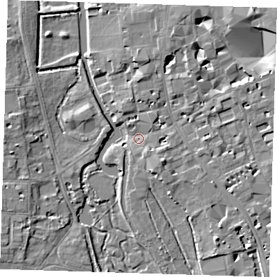 Shaded relief map of the ground around CB21RX, computed from Environment Agency LiDAR. The ground here sits at about 8 m above sea level and falls 7 m across the surrounding 800 m. Surface water reaching this point runs off ground lying to the east-south-east, 5.2 m higher.