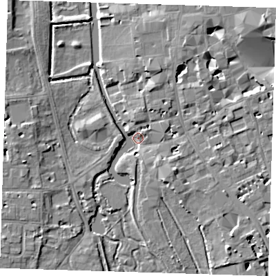 Shaded relief map of the ground around CB21SD, computed from Environment Agency LiDAR. The ground here sits at about 8 m above sea level and falls 7 m across the surrounding 800 m. Surface water reaching this point runs off ground lying to the east-south-east, 6.5 m higher.