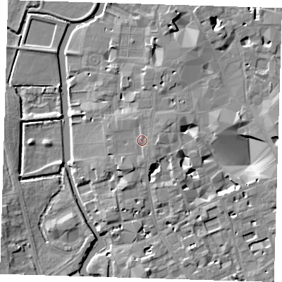 Shaded relief map of the ground around CB21ST, computed from Environment Agency LiDAR. The ground here sits at about 10 m above sea level and falls 7 m across the surrounding 800 m. Surface water reaching this point runs off ground lying to the east, 0.9 m higher.