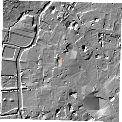 Shaded relief map of the ground around CB21TB, computed from Environment Agency LiDAR. The ground here sits at about 9 m above sea level and falls 8 m across the surrounding 800 m. Surface water reaching this point runs off ground lying to the south, 2.7 m higher.