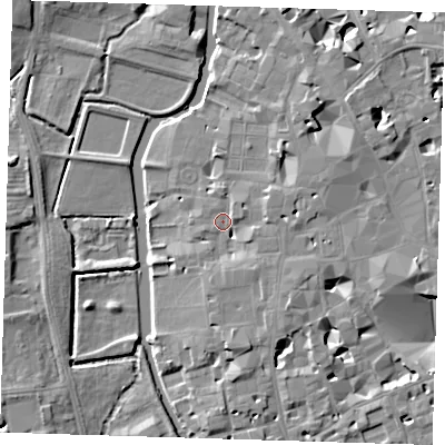 Shaded relief map of the ground around CB21TJ, computed from Environment Agency LiDAR. The ground here sits at about 8 m above sea level and falls 7 m across the surrounding 800 m. Surface water reaching this point runs off ground lying to the south-east, 4.2 m higher.