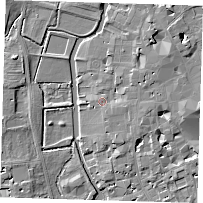 Shaded relief map of the ground around CB21TL, computed from Environment Agency LiDAR. The ground here sits at about 9 m above sea level and falls 6 m across the surrounding 800 m. Surface water reaching this point runs off ground lying to the south-south-east, 1.2 m higher.