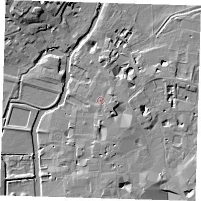 Shaded relief map of the ground around CB21TP, computed from Environment Agency LiDAR. The ground here sits at about 9 m above sea level and falls 12 m across the surrounding 800 m. Surface water reaching this point runs off ground lying to the east, 3.3 m higher.