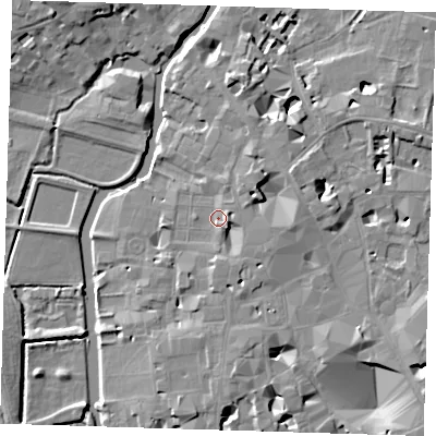 Shaded relief map of the ground around CB21TQ, computed from Environment Agency LiDAR. The ground here sits at about 9 m above sea level and falls 8 m across the surrounding 800 m. Surface water reaching this point runs off ground lying to the south-south-east, 2.7 m higher.