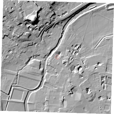 Shaded relief map of the ground around CB21UJ, computed from Environment Agency LiDAR. The ground here sits at about 7 m above sea level and falls 29 m across the surrounding 800 m. Surface water reaching this point runs off ground lying to the east-south-east, 5.6 m higher.