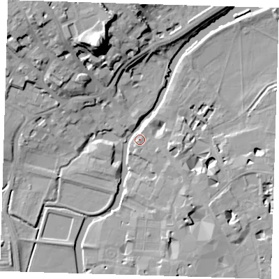 Shaded relief map of the ground around CB21UW, computed from Environment Agency LiDAR. The ground here sits at about 8 m above sea level and falls 29 m across the surrounding 800 m. Surface water reaching this point runs off ground lying to the east-south-east, 2.1 m higher.