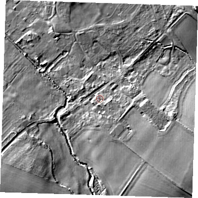Shaded relief map of the ground around CB223AG, computed from Environment Agency LiDAR. The ground here sits at about 26 m above sea level and falls 16 m across the surrounding 800 m. Surface water reaching this point runs off ground lying to the south-east, 2.1 m higher.