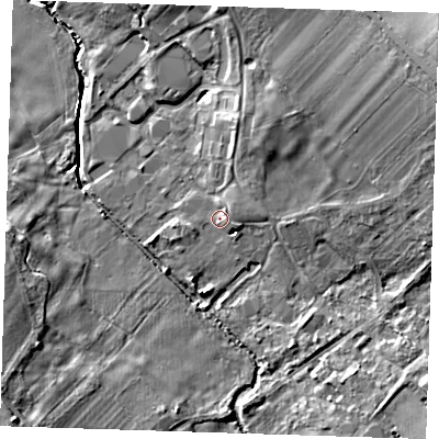 Shaded relief map of the ground around CB223AT, computed from Environment Agency LiDAR. The ground here sits at about 25 m above sea level and falls 13 m across the surrounding 800 m. Surface water reaching this point runs off ground lying to the east-south-east, 2.3 m higher.