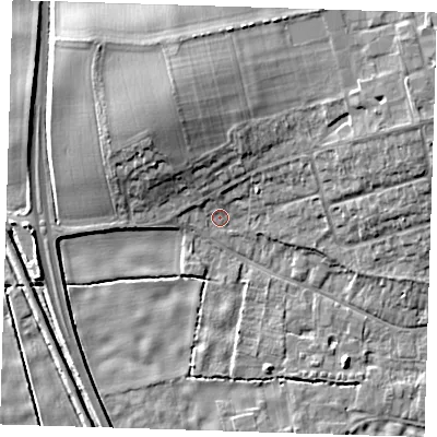 Shaded relief map of the ground around CB223BB, computed from Environment Agency LiDAR. The ground here sits at about 20 m above sea level and falls 10 m across the surrounding 800 m. Surface water reaching this point runs off ground lying to the north-north-west, 7.8 m higher.
