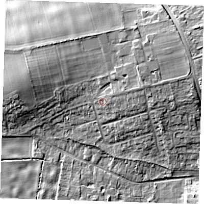 Shaded relief map of the ground around CB223BN, computed from Environment Agency LiDAR. The ground here sits at about 25 m above sea level and falls 10 m across the surrounding 800 m. Surface water reaching this point runs off ground lying to the east-north-east, 1.2 m higher.